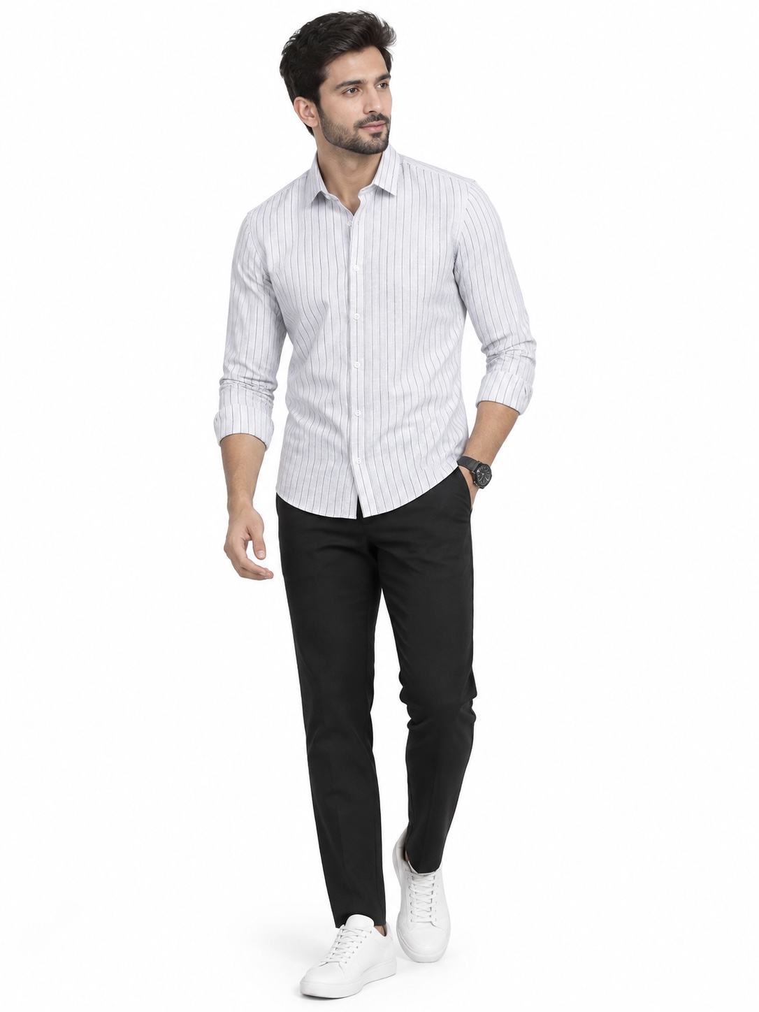 LINCHPIN Men White Grey Striped Slim Fit Casual Shirt