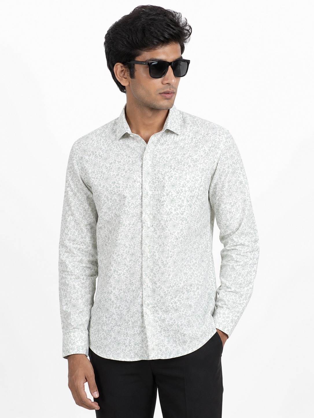 Men’s Premium Printed Formal Shirt – White & Sage Green Floral Print