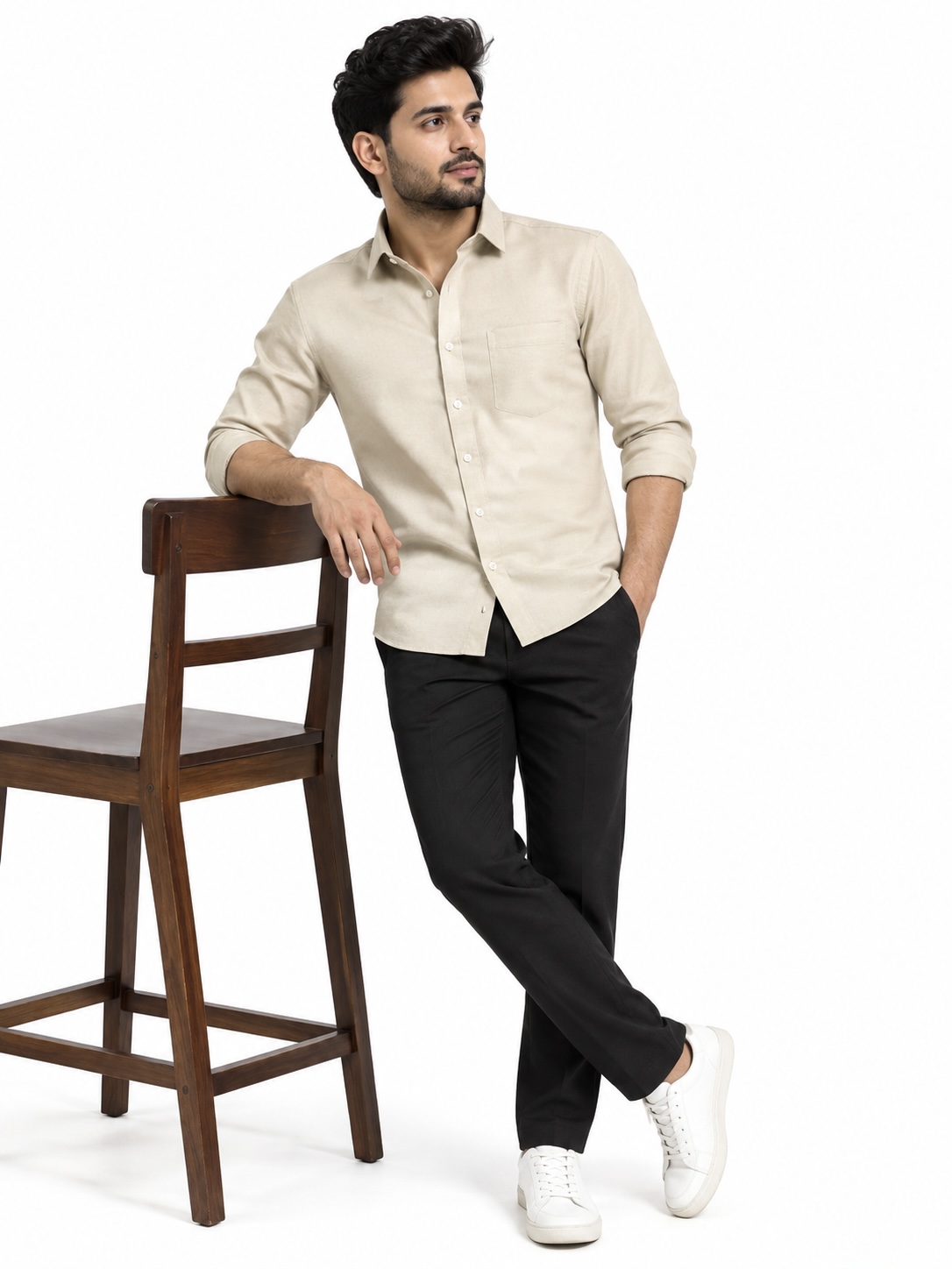 LINCHPIN Men Beige Solid Slim Fit Formal Shirt
