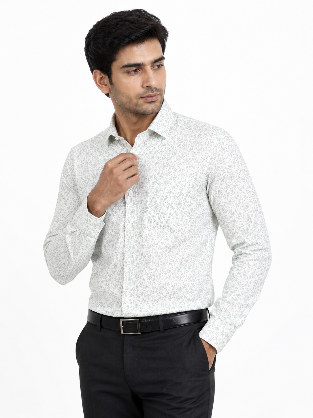 Men’s Premium Printed Formal Shirt – White & Sage Green Floral Print