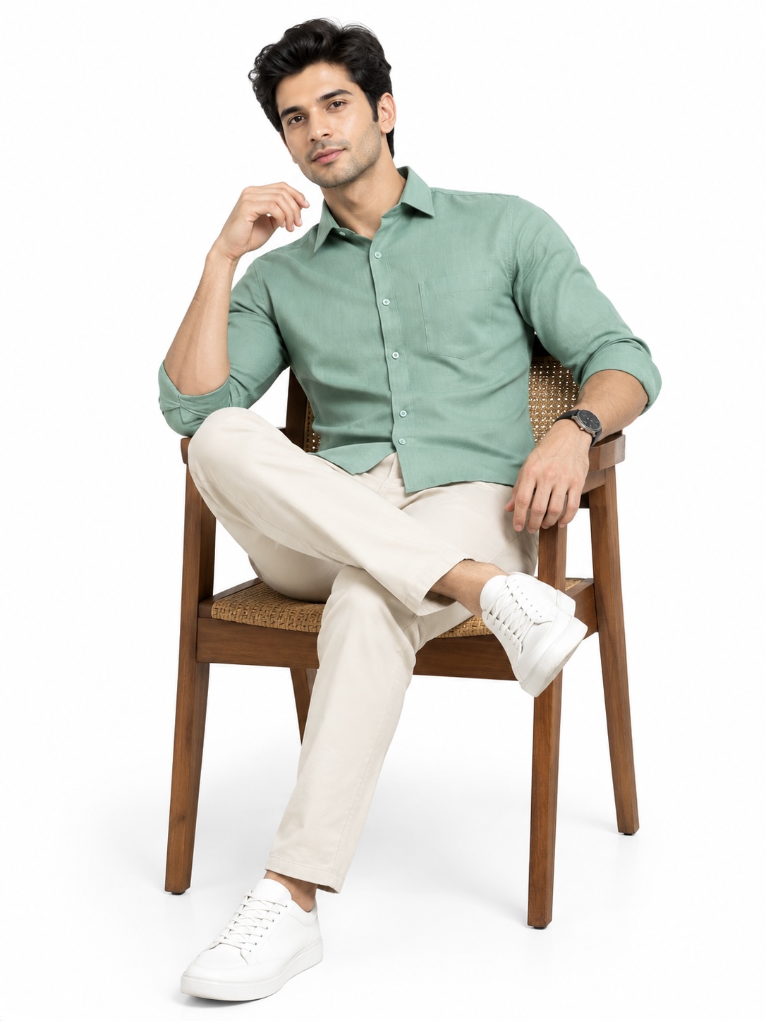LINCHPIN Men Sage Green Solid Slim Fit Shirt