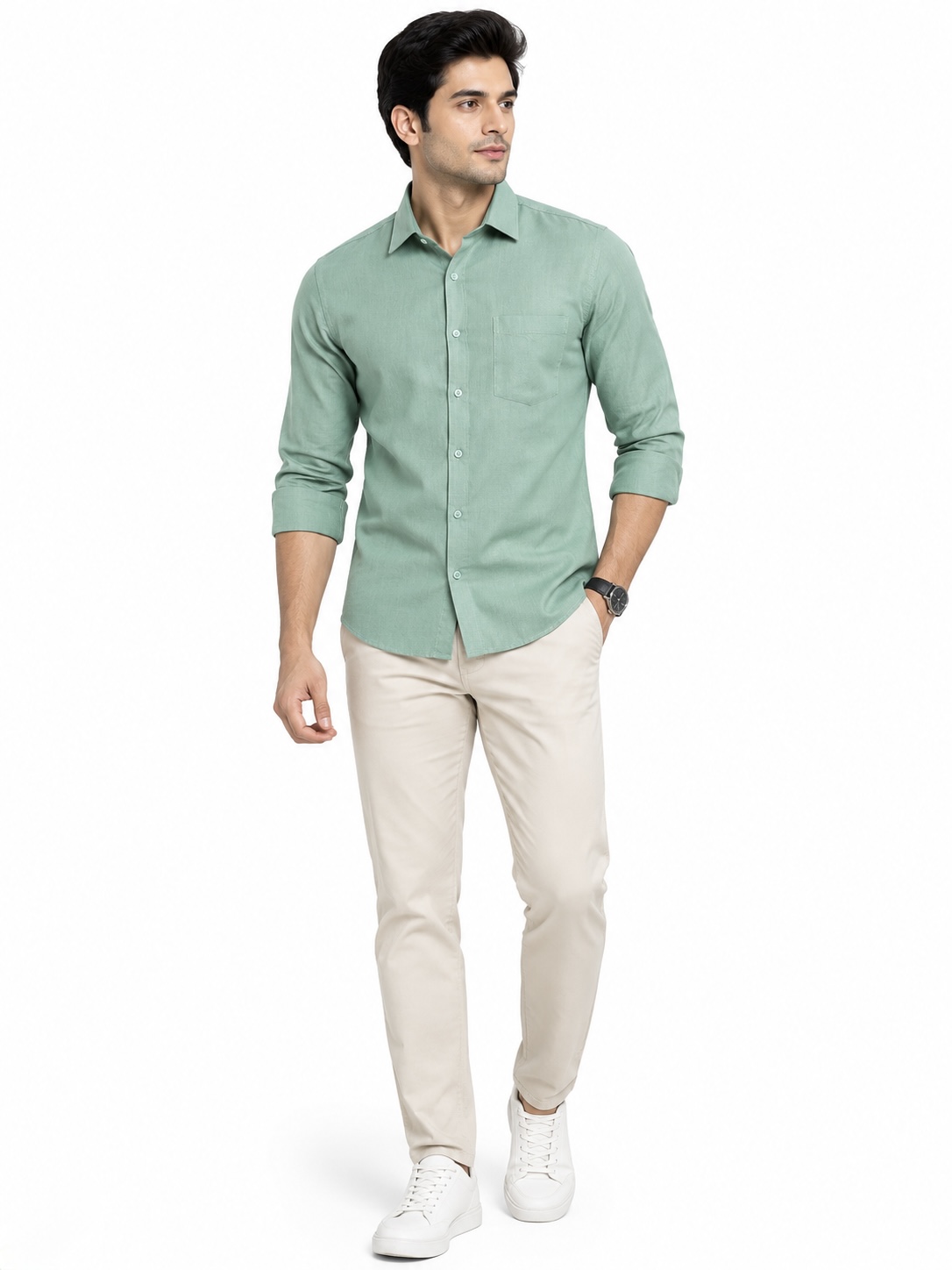 LINCHPIN Men Sage Green Solid Slim Fit Shirt