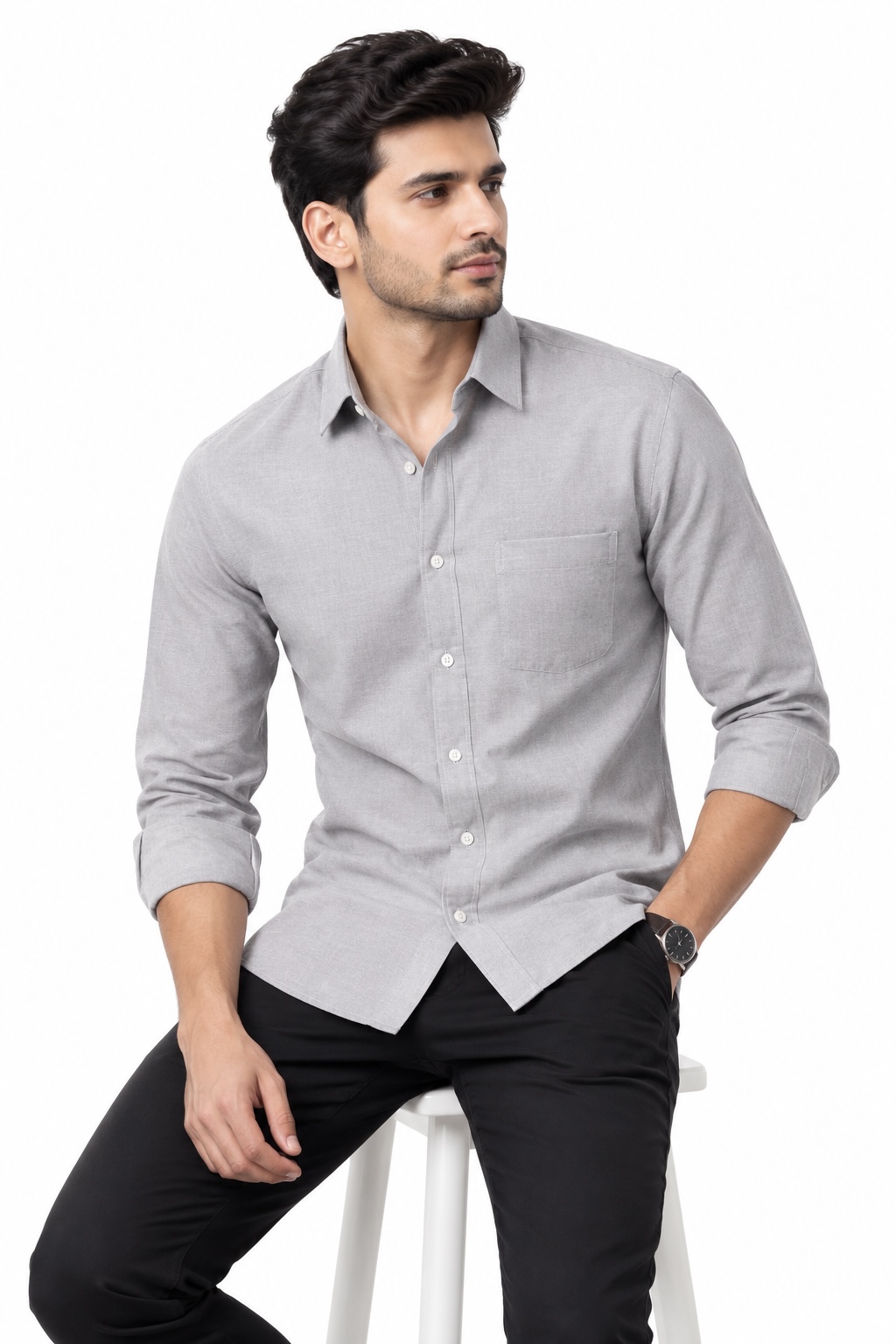 LINCHPIN Men Grey Solid Cotton Blend Casual Shirt