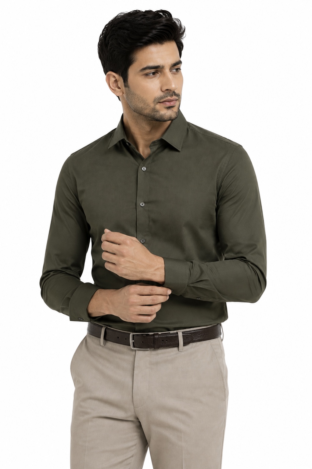 Linchpin Men’s Premium Slim Fit Solid Formal Shirt – Olive Green 