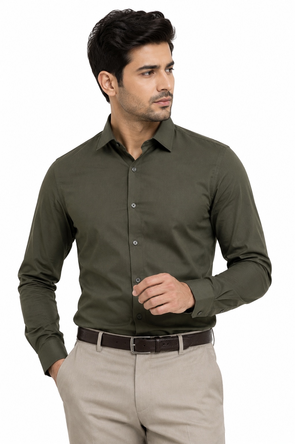 Linchpin Men’s Premium Slim Fit Solid Formal Shirt – Olive Green 
