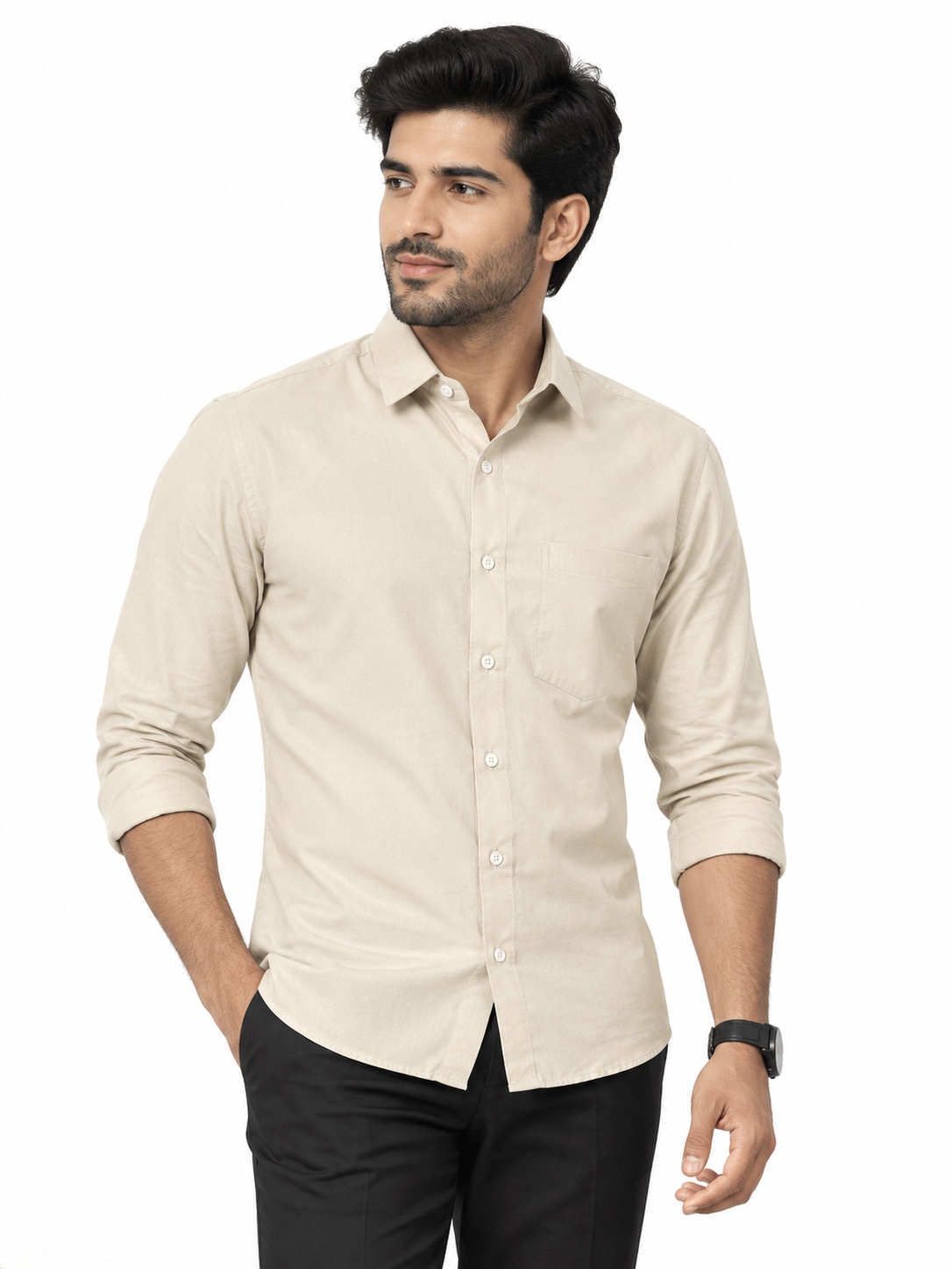 LINCHPIN Men Beige Solid Slim Fit Formal Shirt